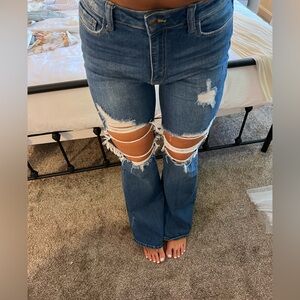 Cello High Rise Ripped Denim Bell Bottom Flares
